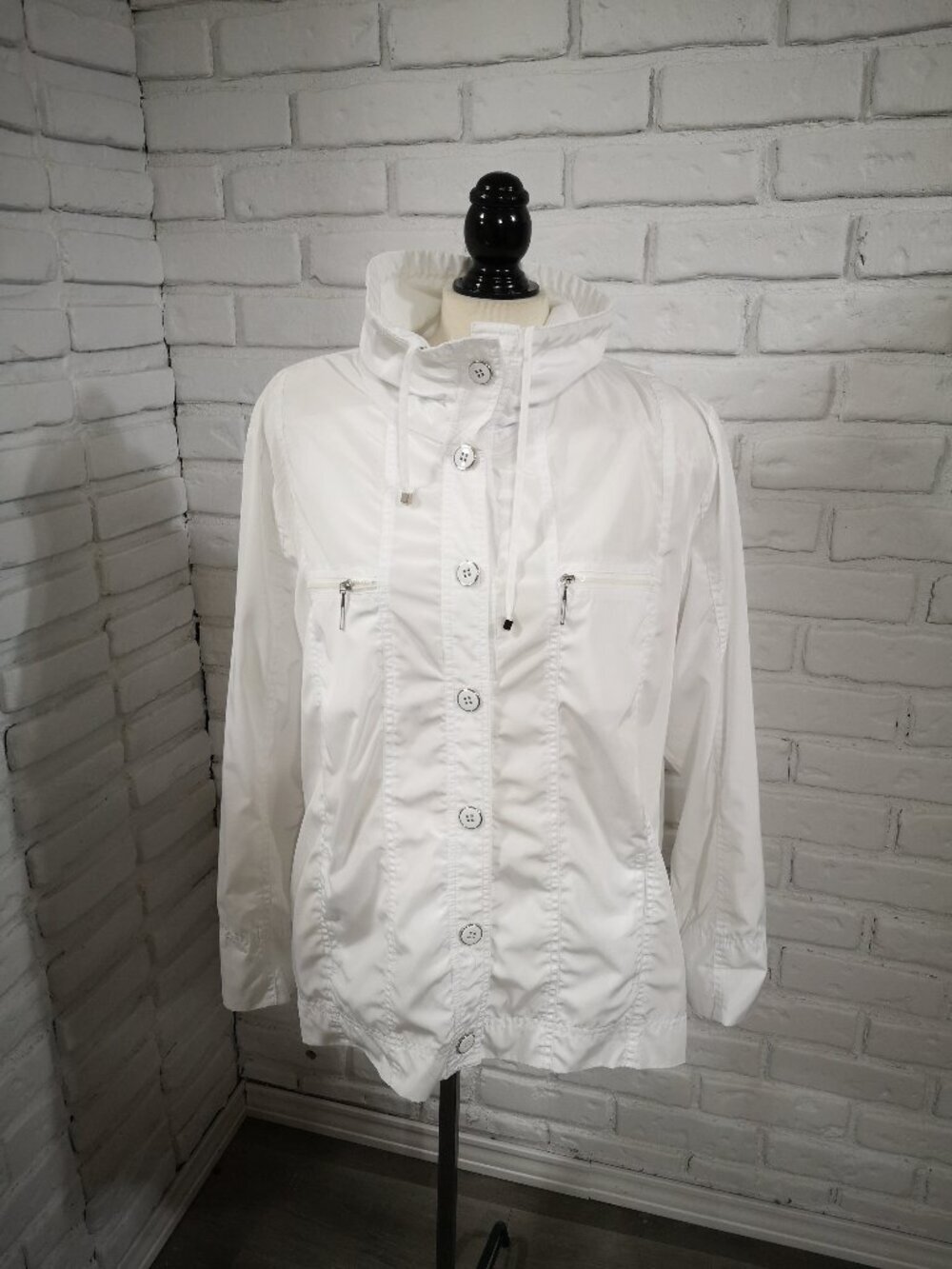 TanJay Ladies White w/ Silver Lightweight Button Front Drawstring Neck Jacket